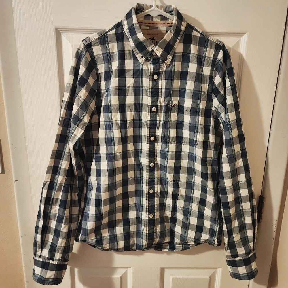 Hollister Plaid 100% Cotton Button Down Dress Shirt Blue White Men's Large L EUC